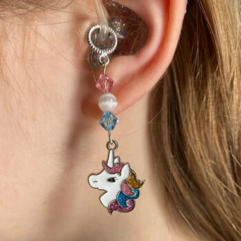 Hörgeräte Schmuck Anhänger - Einhornkopf mit Glitzermähne in rosa, blau und gelb und Swarovski Kristallen